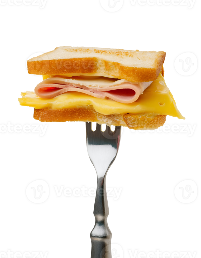 ham and cheese sandwich on isolated background, toasted ham and cheese sandwich on fork, gourmet sandwich close-up, crispy bread with melted cheese and ham png