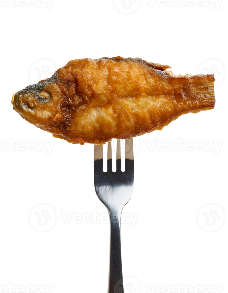 crispy deep-fried whole fish on isolated background, golden-brown battered fish on fork, crunchy fried fish close-up, seafood delicacy, high-resolution deep-fried fish stock photo, png