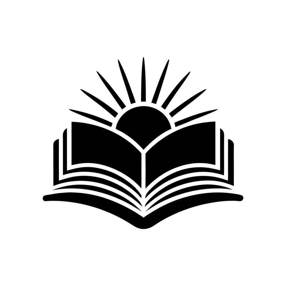 Sunrise Over Open Book Icon Symbolizing Knowledge, Education, Learning, Inspiration, Study, Growth, Literature, Wisdom, Enlightenment, Morning, Bookstore, Library vector