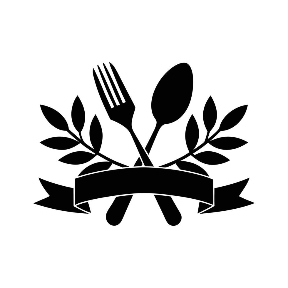 Vintage Restaurant Logo with Fork and Spoon, Wreath, and Ribbon for Culinary, Food, and Dining vector