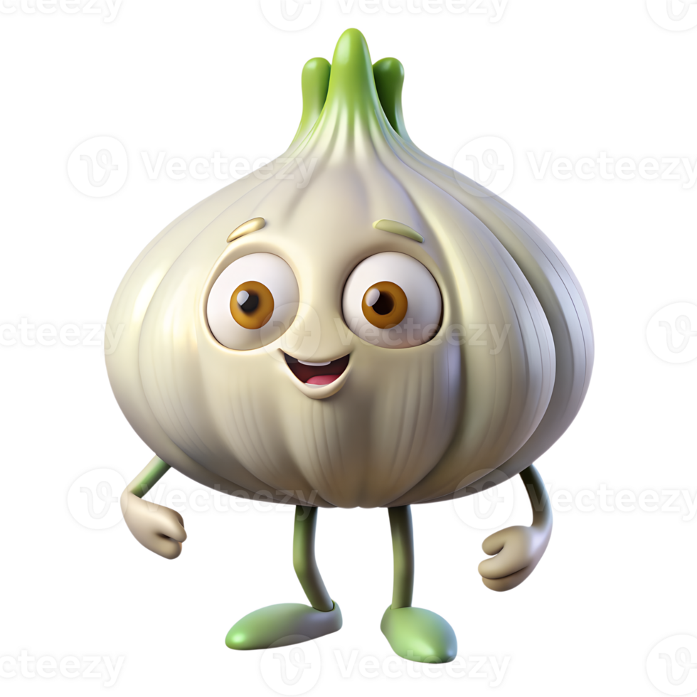 Cheerful Cartoon Garlic Head in 3D isolated on transparent background png