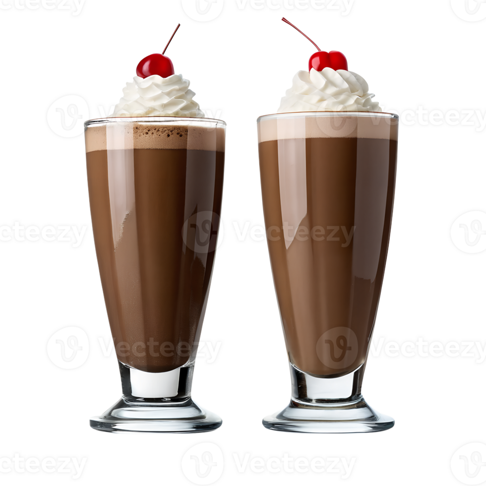 Two Delicious Chocolate Malt Drinks Topped with Whipped Cream and Cherries isolated on transparent background png