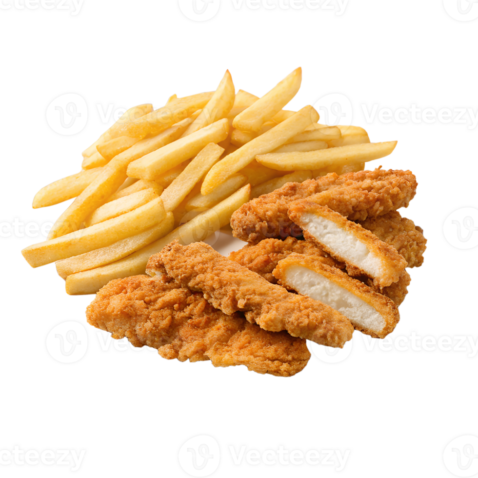 Delicious Crispy Chicken Tenders Served with a Generous Portion of Golden French Fries isolated on transparent background png