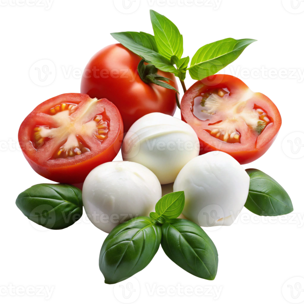 Fresh Tomatoes Mozzarella Cheese and Basil Leaves Italian Food Ingredients isolated on transparent background png