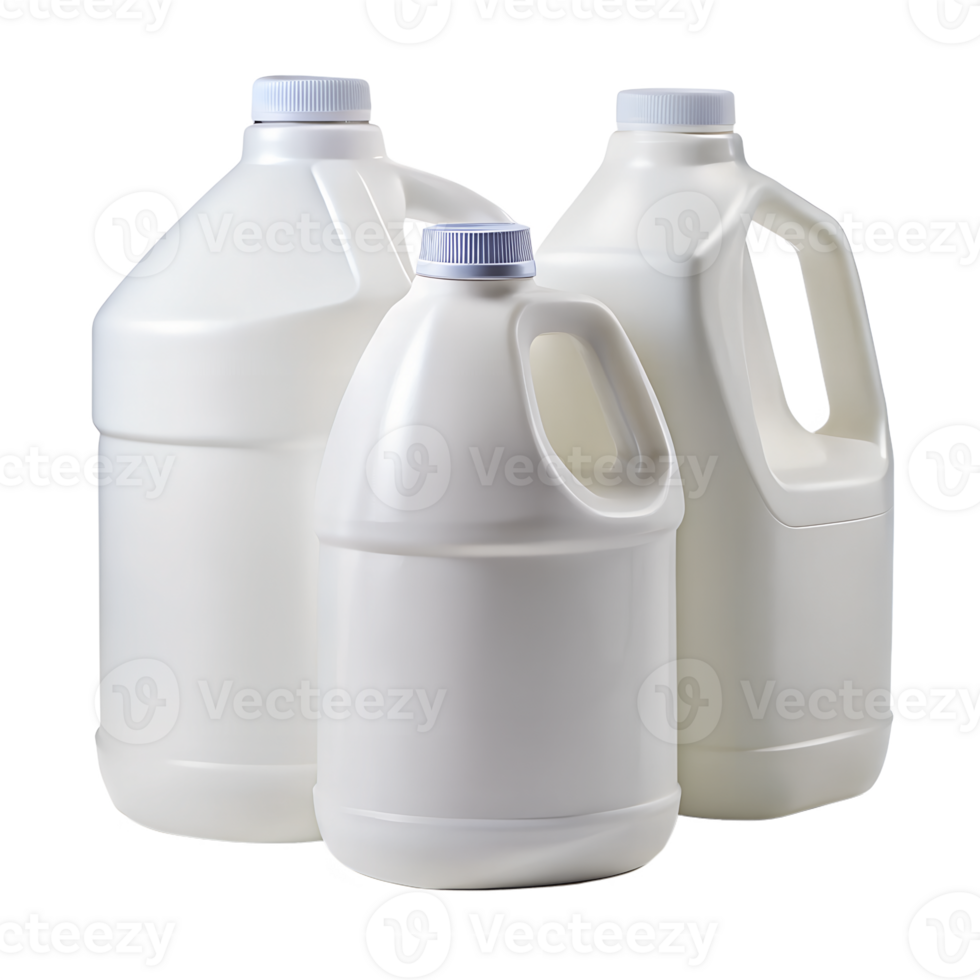 Three White Plastic Bottles with Handles and Caps Milk Container Packaging Product Shot isolated on transparent background png