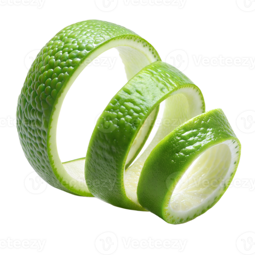 Closeup of Three Lime Peels Spiraled and Intertwined Showing Detailed Texture and Color isolated on transparent background png