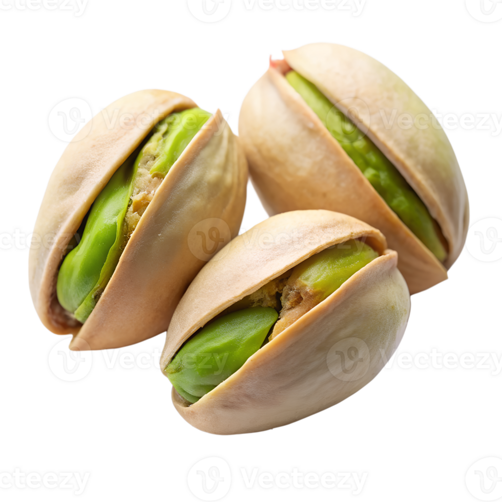 Three Delicious Roasted Pistachios Close Up Shot Food Photography isolated on transparent background png