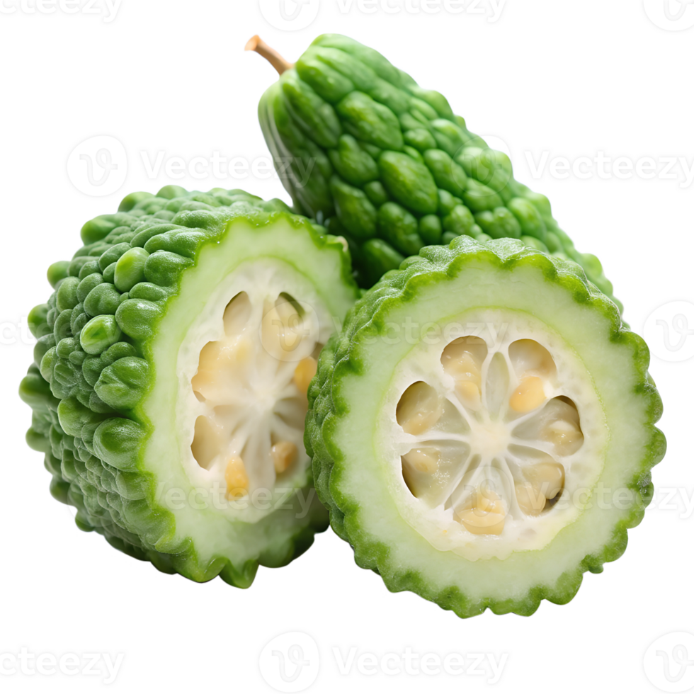 Closeup of Two Halved Bitter Melons Showing Seeds and Pulp isolated on transparent background png
