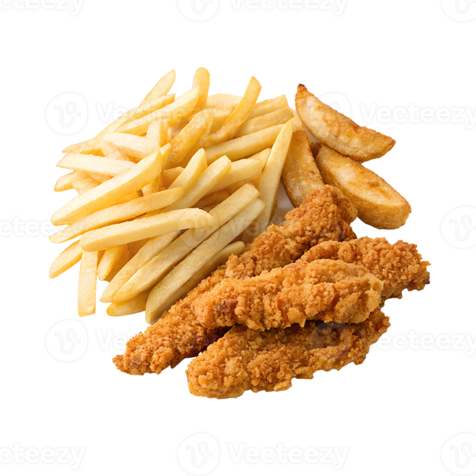Delicious Crispy Chicken Tenders with French Fries and Potato Wedges a perfect combo for a satisfying meal isolated on transparent background png