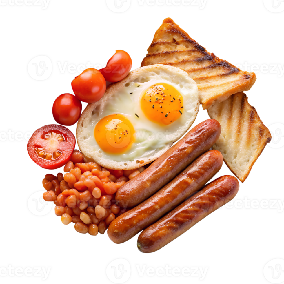 Delicious English Breakfast with Fried Eggs Sausages Toast and Baked Beans isolated on transparent background png