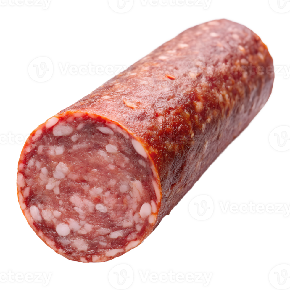 A Detailed Closeup of a Single Slice of Delicious Smoked Salami Sausage isolated on transparent background png