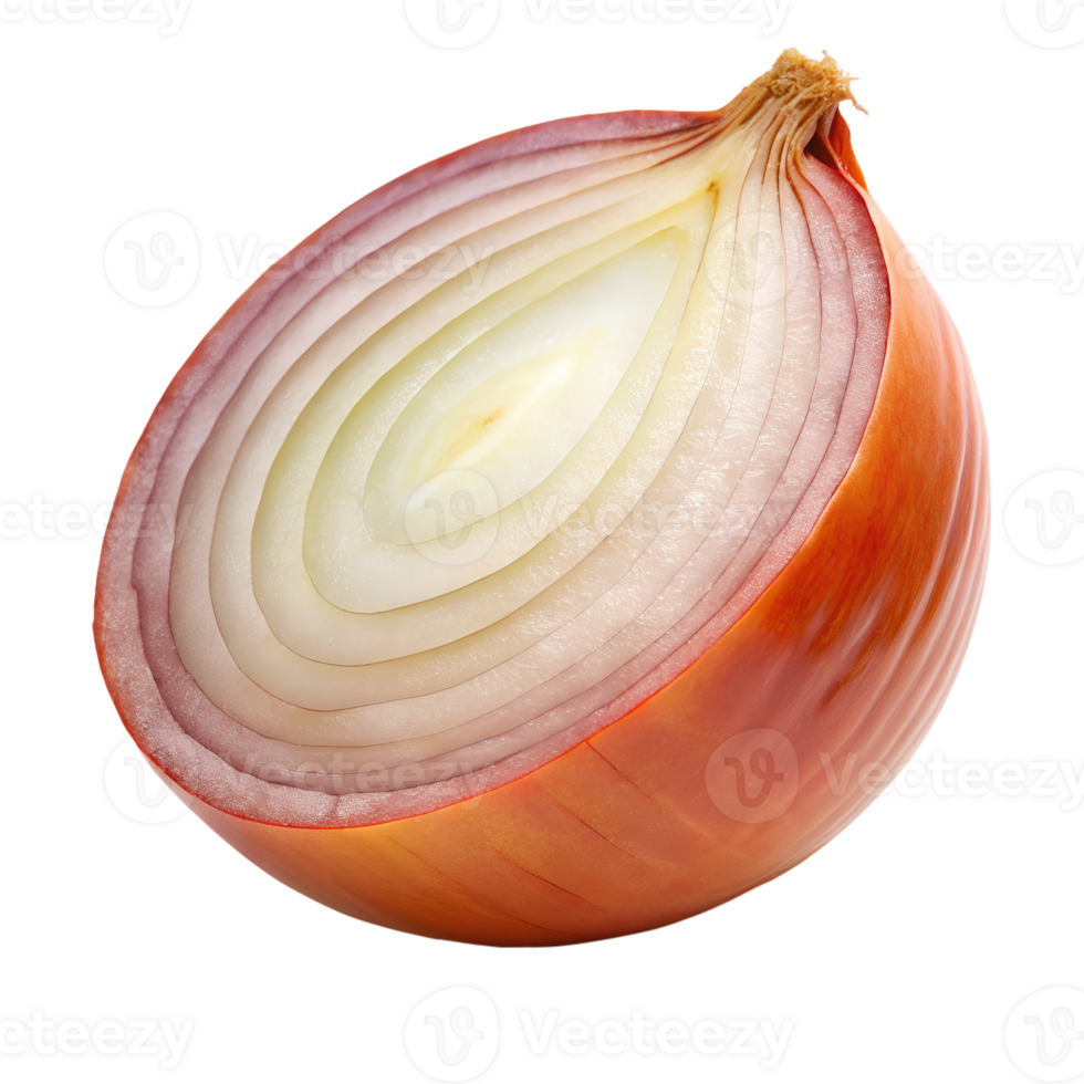 A perfectly halved red onion showing its concentric layers and vibrant colors against a gray background isolated on transparent background png