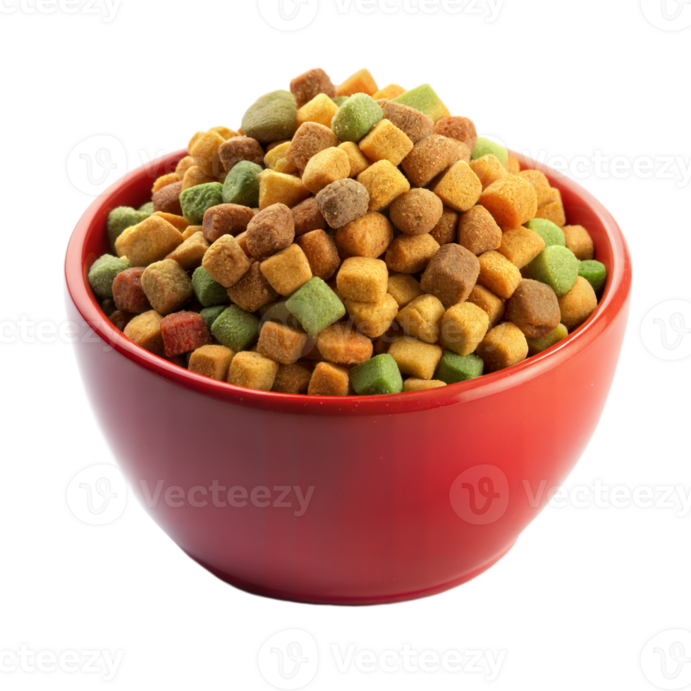 A red bowl filled with a delicious assortment of colorful squareshaped pet food kibble isolated on transparent background png