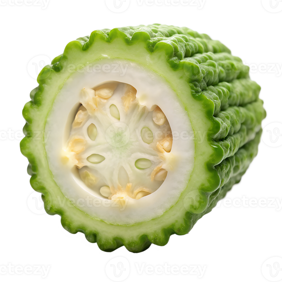 Closeup of a Halved Bitter Melon Revealing its Seeds and Internal Structure A Vibrant Green Vegetable isolated on transparent background png