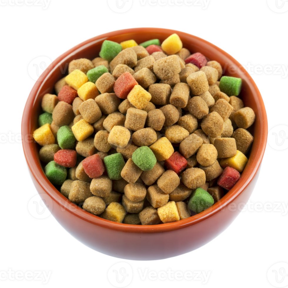 A Bowl of Colorful and Delicious Pet Food kibble isolated on transparent background png