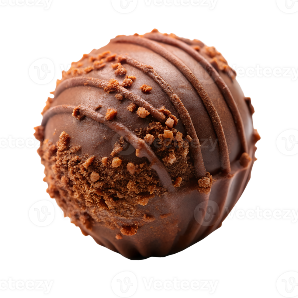 A delectable chocolate truffle exquisitely decorated with cocoa nibs and milk chocolate swirls isolated on transparent background png