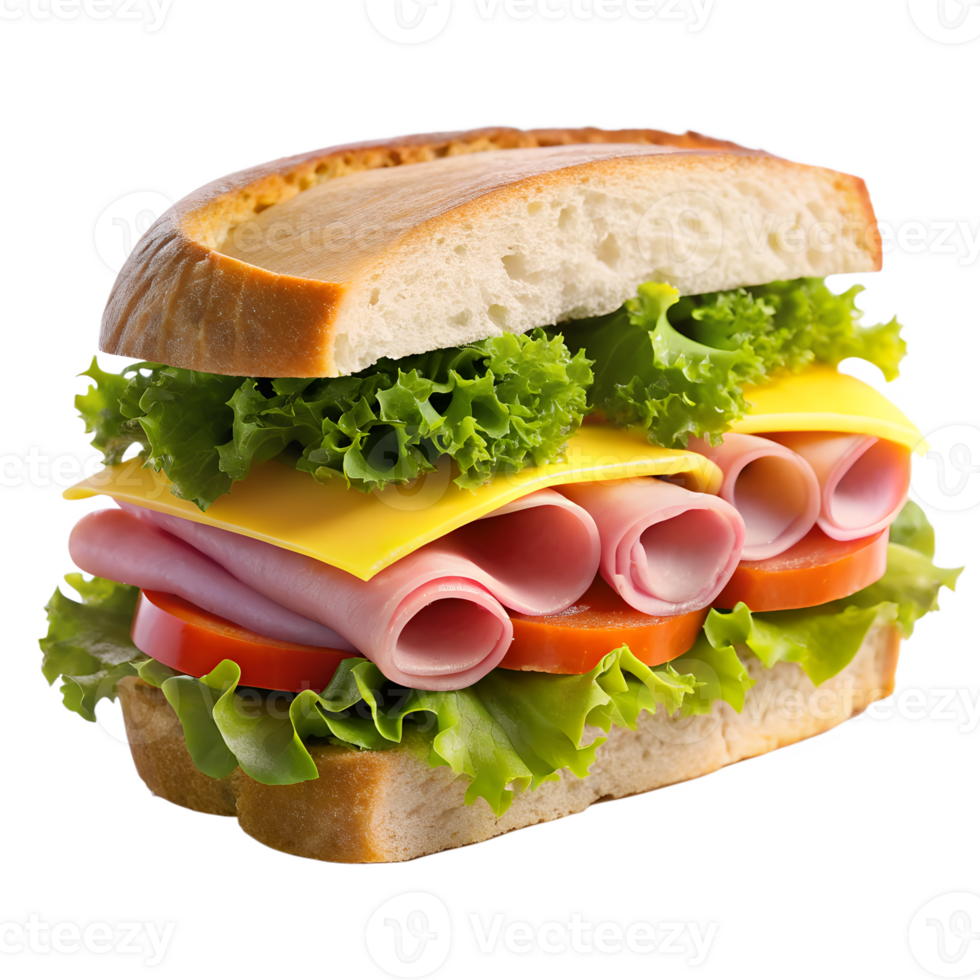 Delicious Ham and Cheese Sandwich with Fresh Lettuce and Tomato isolated on transparent background png