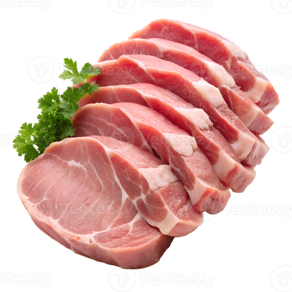 Closeup of several slices of raw pork loin meat garnished with fresh parsley isolated on transparent background png