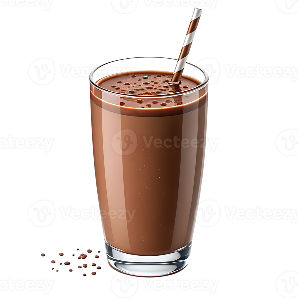 Refreshing Chocolate Milk Drink in a Tall Glass with a Striped Straw isolated on transparent background png