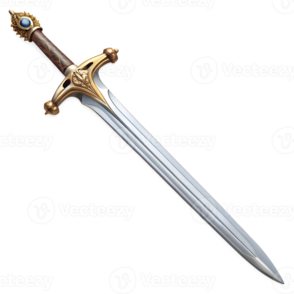A magnificent ornate sword with a jeweled pommel and gold accents a fantasy weapon of power and elegance isolated on transparent background png