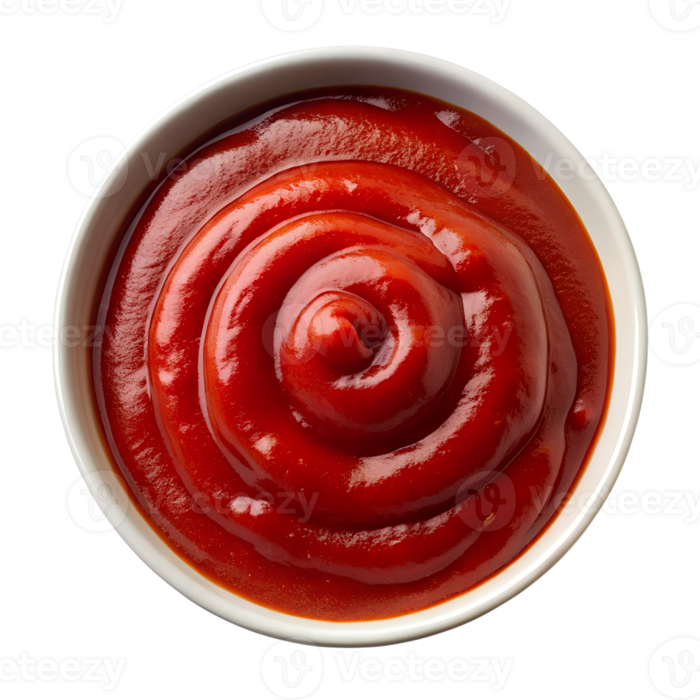 A Swirled Portion of Ketchup in a Small White Bowl Overhead Shot isolated on transparent background png