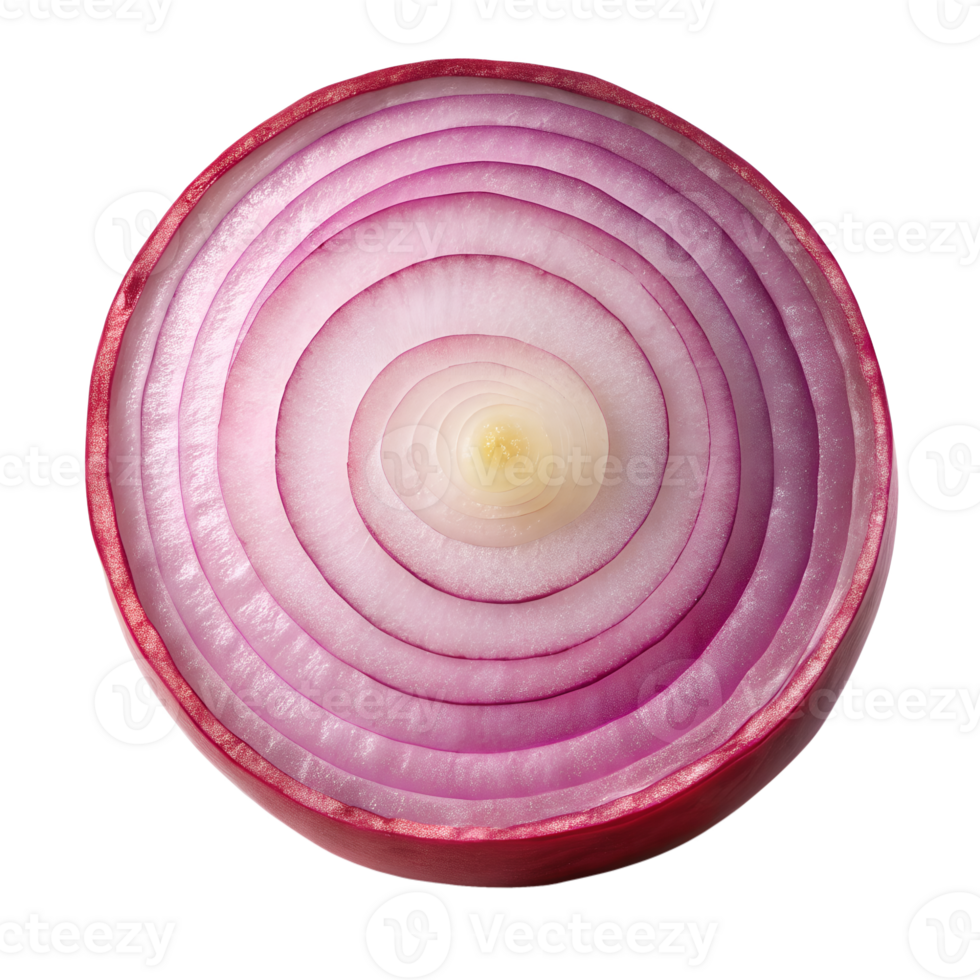 A perfectly cross sectioned red onion showing concentric rings of vibrant color and texture isolated on transparent background png