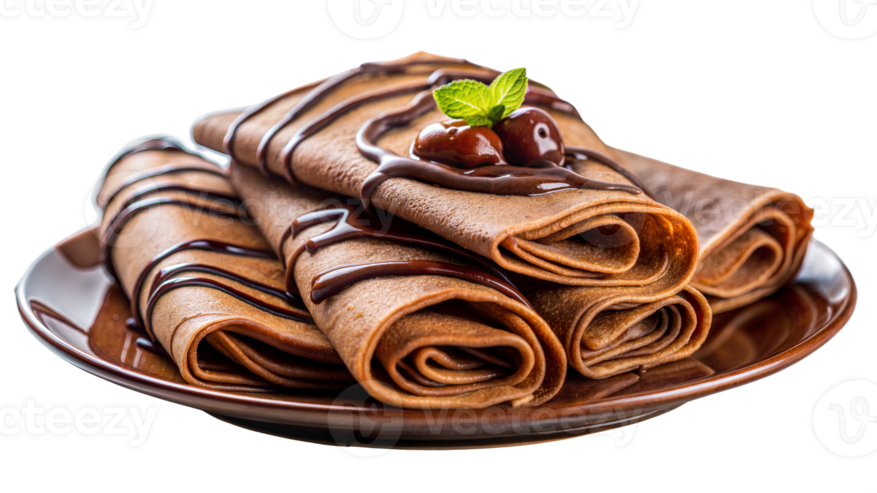 Delicious Chocolate Crepes with Cherries and Mint Garnish A Sweet Treat Rolled and Drizzled with Chocolate Sauce isolated on transparent background png