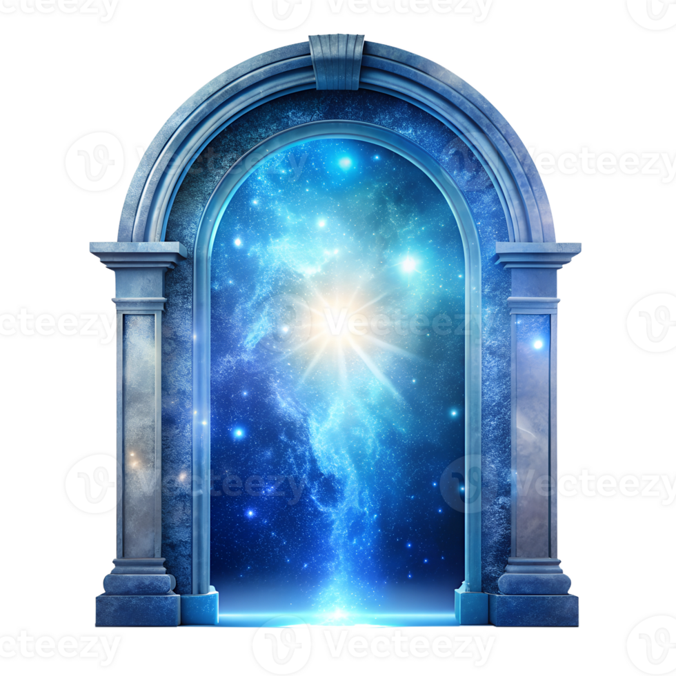 A majestic stone archway gateway to a vibrant nebula cosmic scene isolated on transparent background png