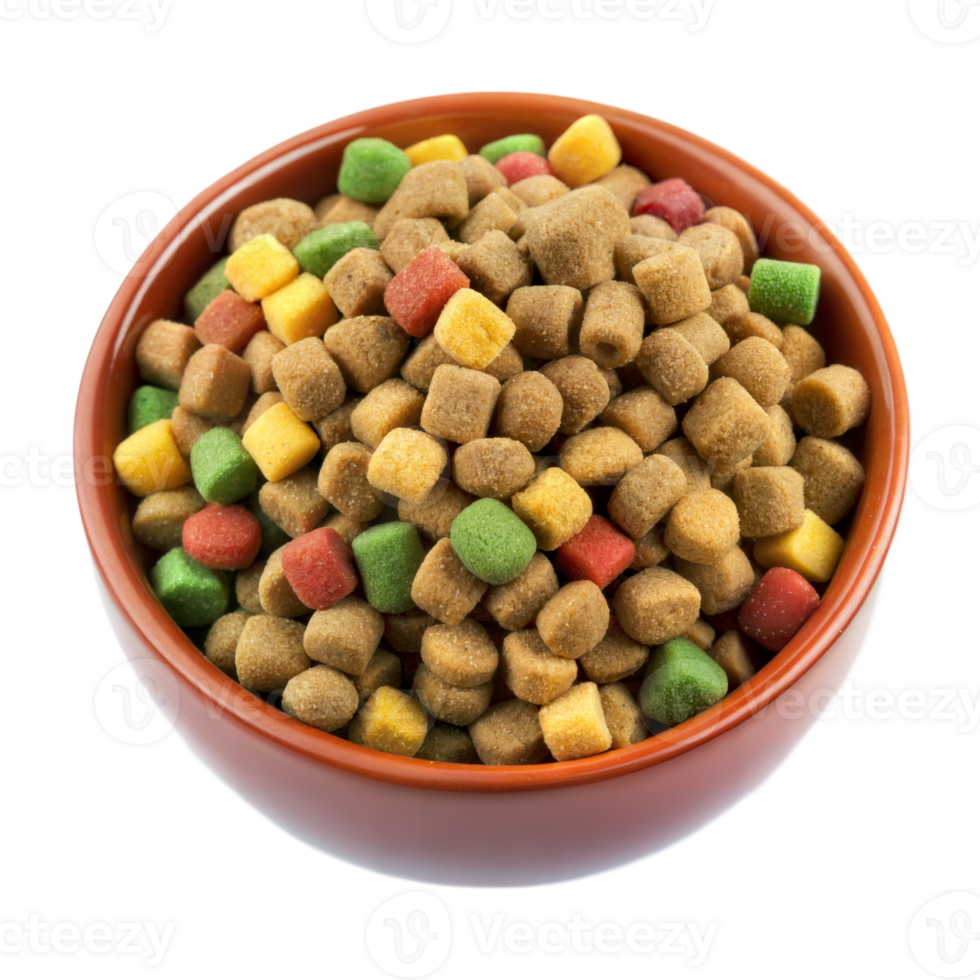 A Bowl of Colorful Pet Food Kibble for Dogs or Cats isolated on transparent background png