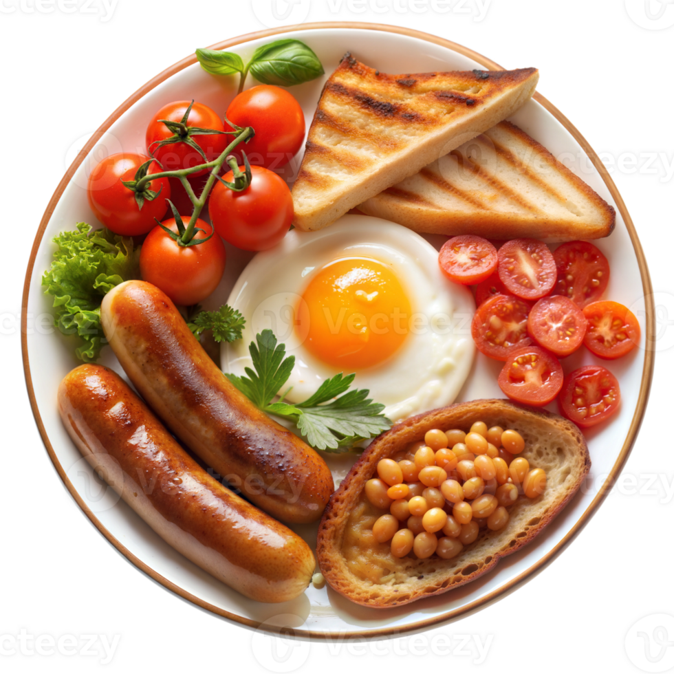 Delicious and Hearty Full English Breakfast Plate with Toasted Bread Sausages Fried Egg and Baked Beans isolated on transparent background png
