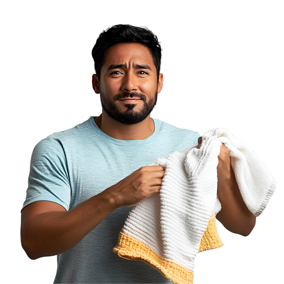 man holding a towel and looking at it png