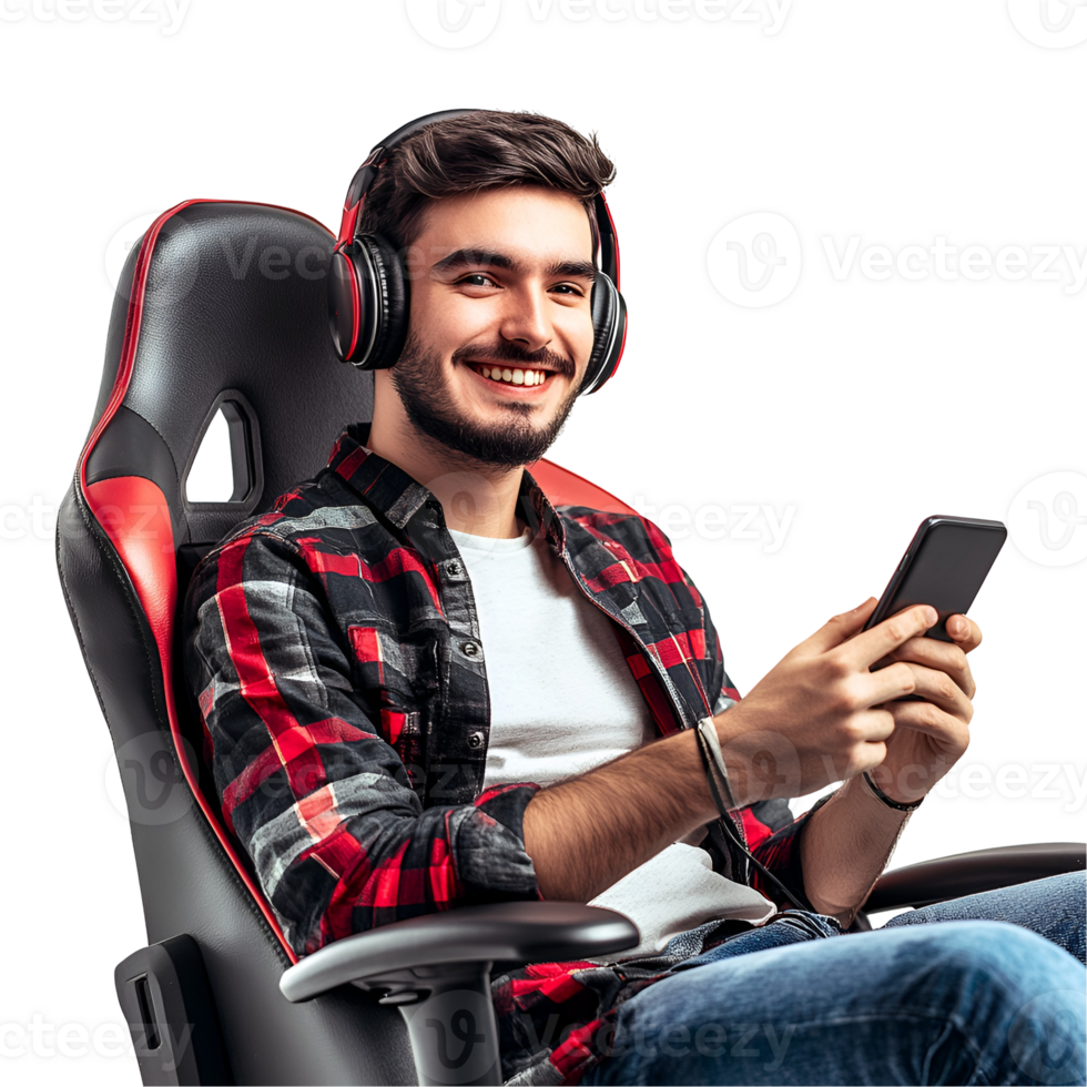 a man in a gaming chair with headphones and a cell phone png