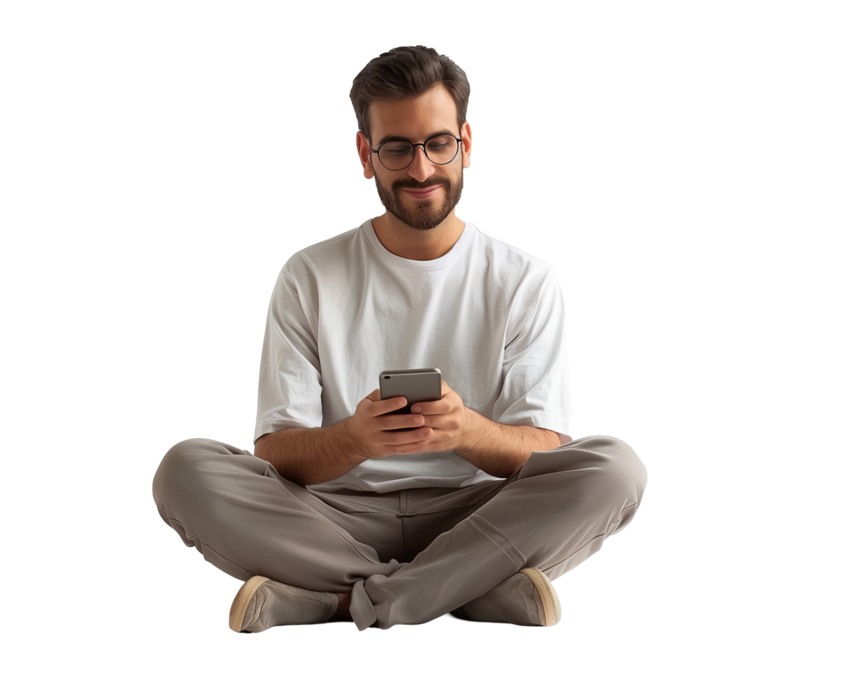 a man sitting on the floor with his phone png