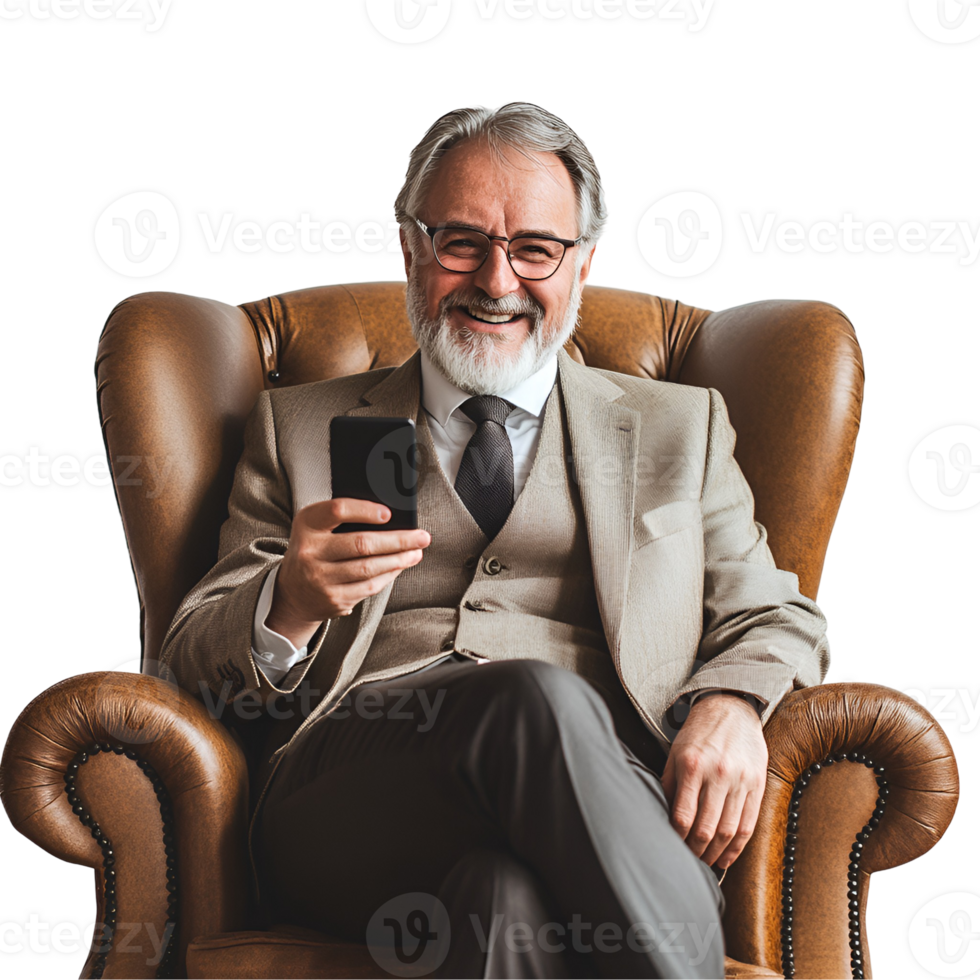 an old man in a suit and tie sitting in a chair and using his phone png
