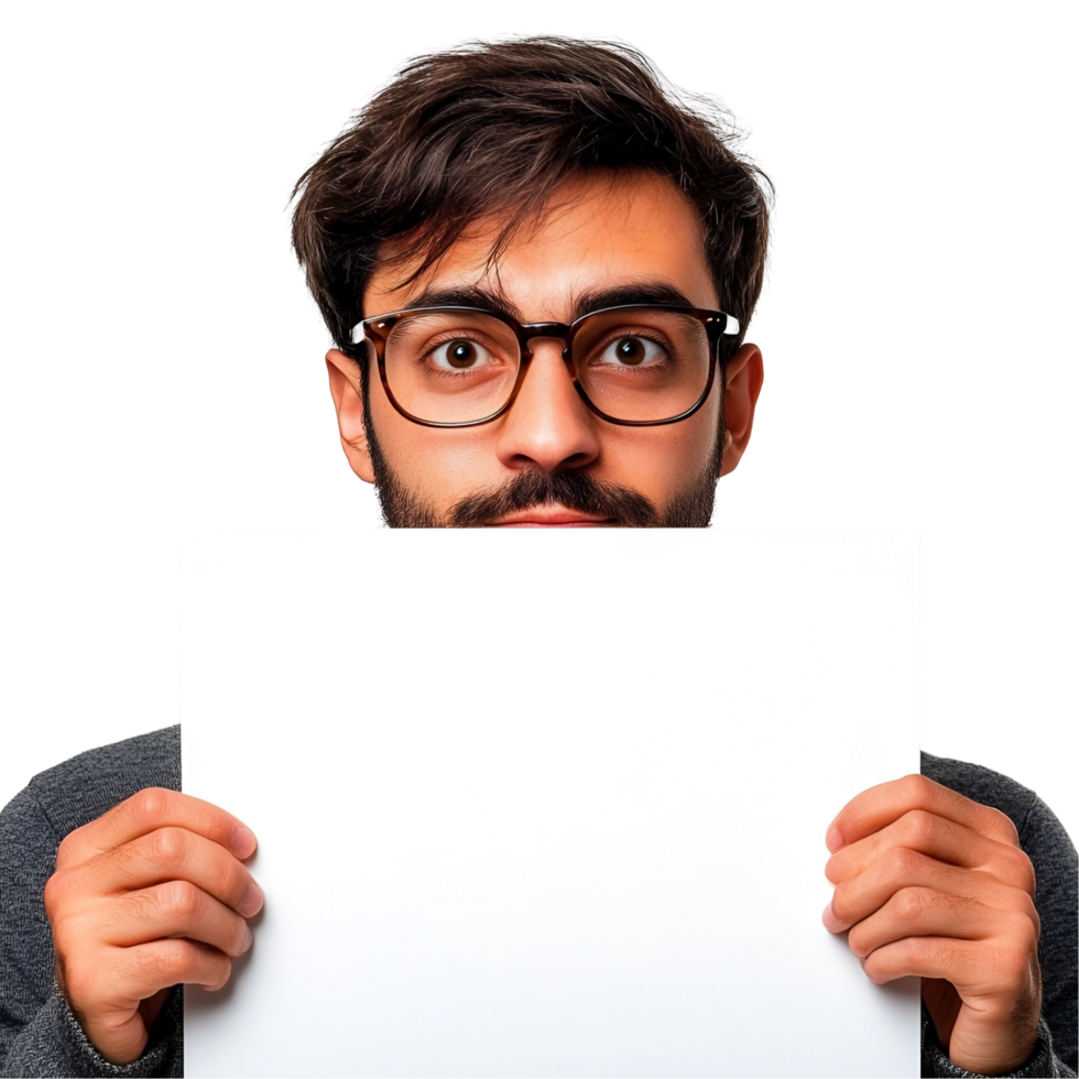 man with glasses holding a blank sign png