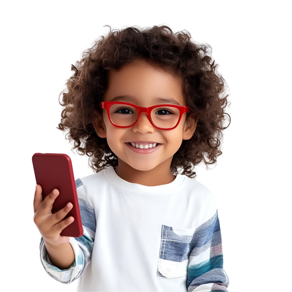 a little boy with glasses holding a cell phone png