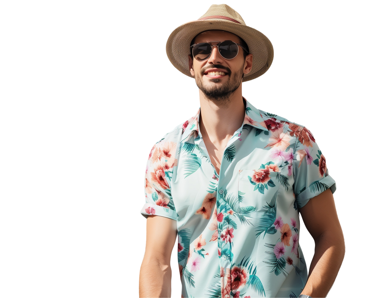 a man wearing a floral shirt and hat png