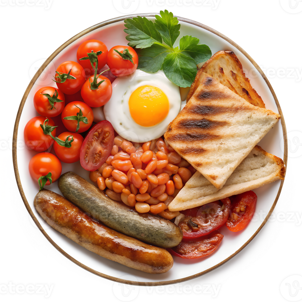 Delicious English Breakfast Plate with Grilled Toast Sausages Baked Beans and Fried Egg isolated on transparent background png