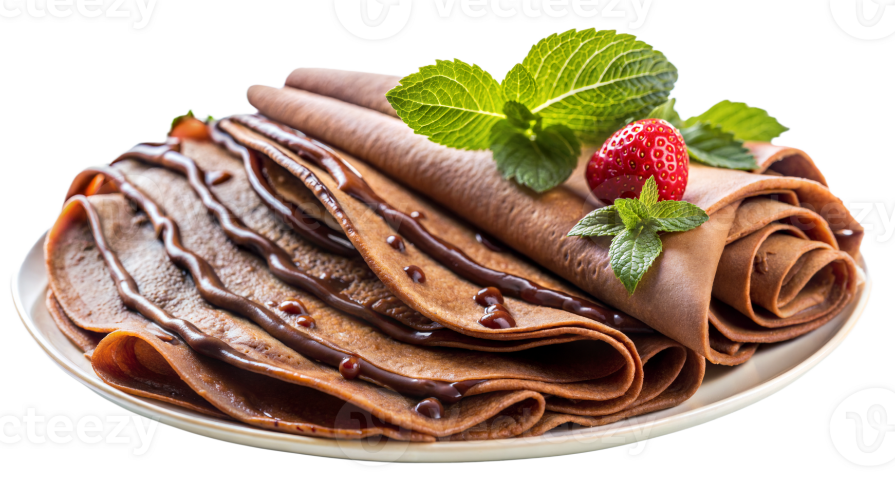 Delicious Chocolate Crepes with Strawberry and Mint Garnish A Sweet and Savory Culinary Delight isolated on transparent background png
