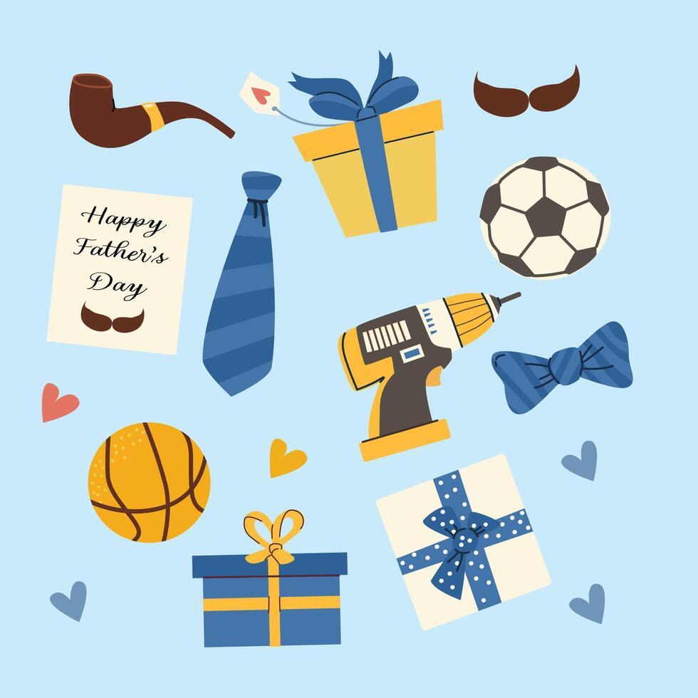 Happy father day design with gifts, sports items, and tools for cards and posters vector