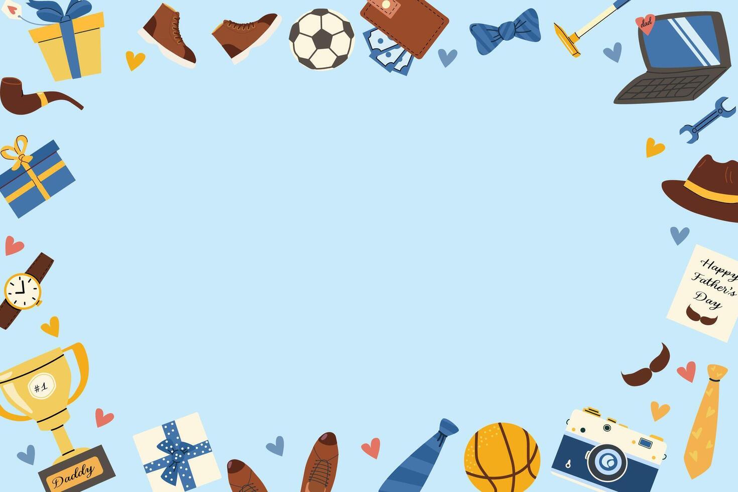 Happy father day celebration border with gifts and accessories for card design vector
