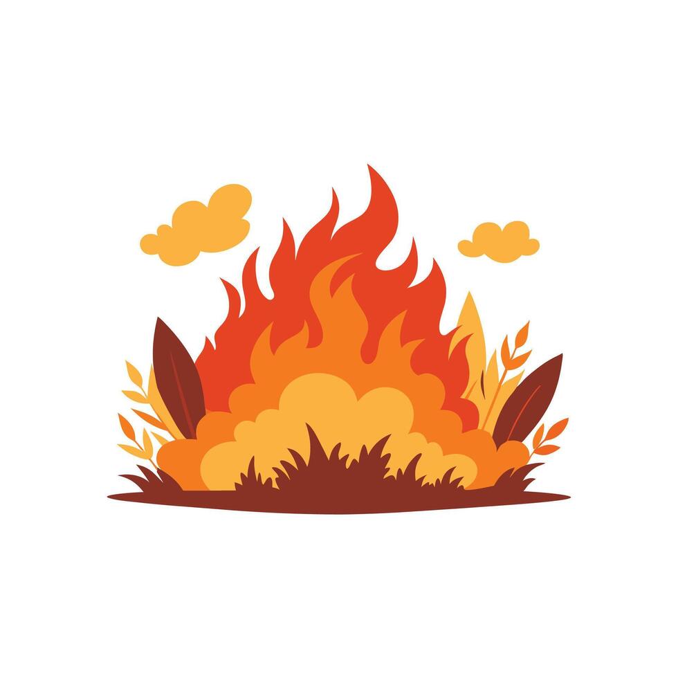 Dynamic Illustration Of A Sweeping Brush Fire Spreading Through Shrubs And Dry Vegetation With Vivid Flames And Swirling Smoke A Clean White Background. vector
