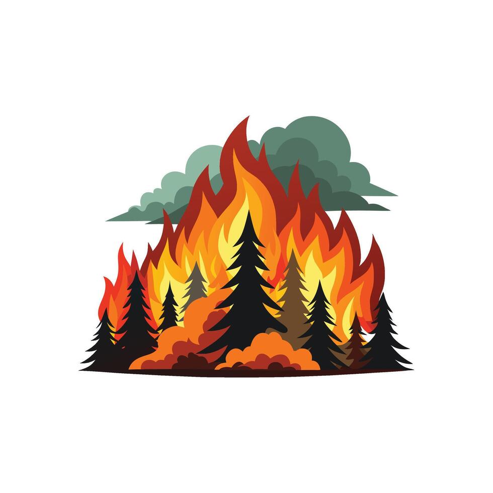 Minimalist Illustration of a Raging Forest Fire With Detailed Flames And Smoke, Set Against a Stark White Background vector