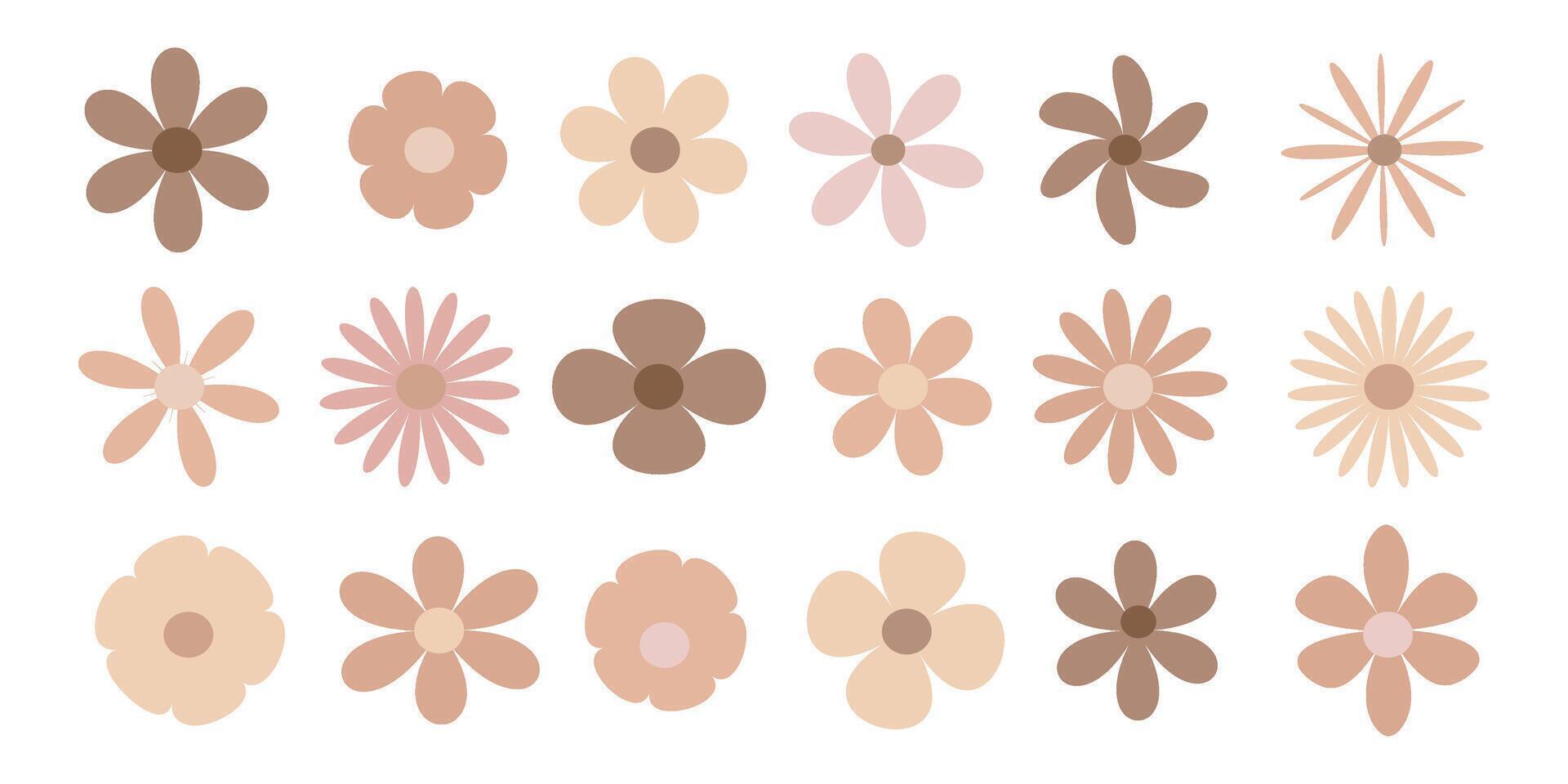 Set of brown flowers, collection of , flower heads, buds. Collection of abstract flowers in minimalist style. vector