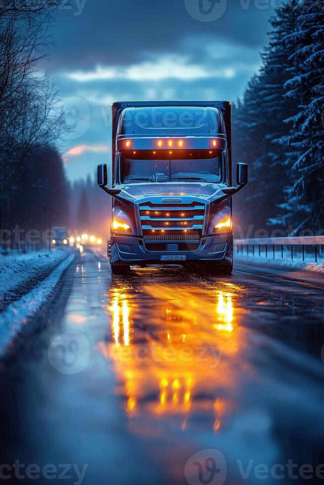 A large truck on a snowy road during twilight, with glowing lights reflecting on the wet pavement. Pine trees line the road, creating a serene winter scene. photo