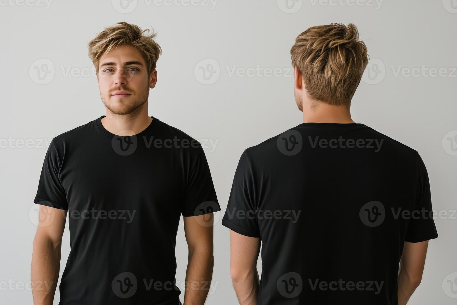 Man in black t - shirt mockup on white background photo