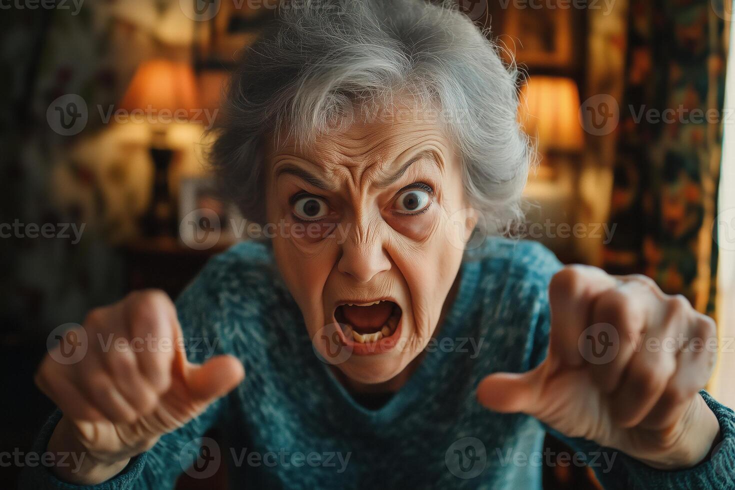 An older woman is making a face with her hands photo