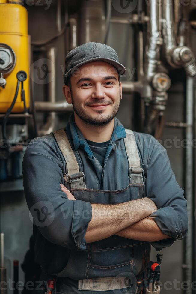 A man in overalls standing in front of a machine photo