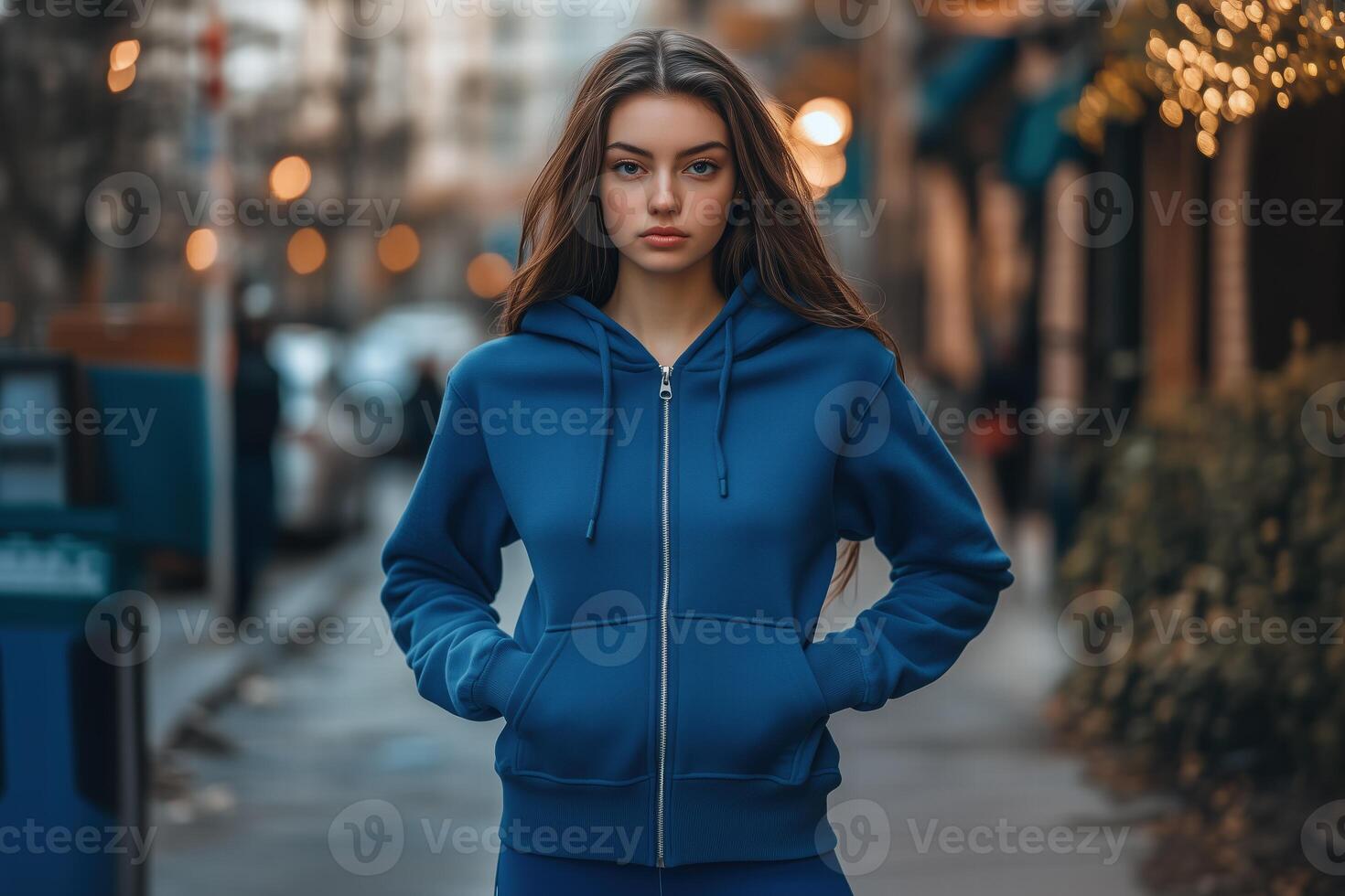 A woman in a blue hoodie standing on a city street photo