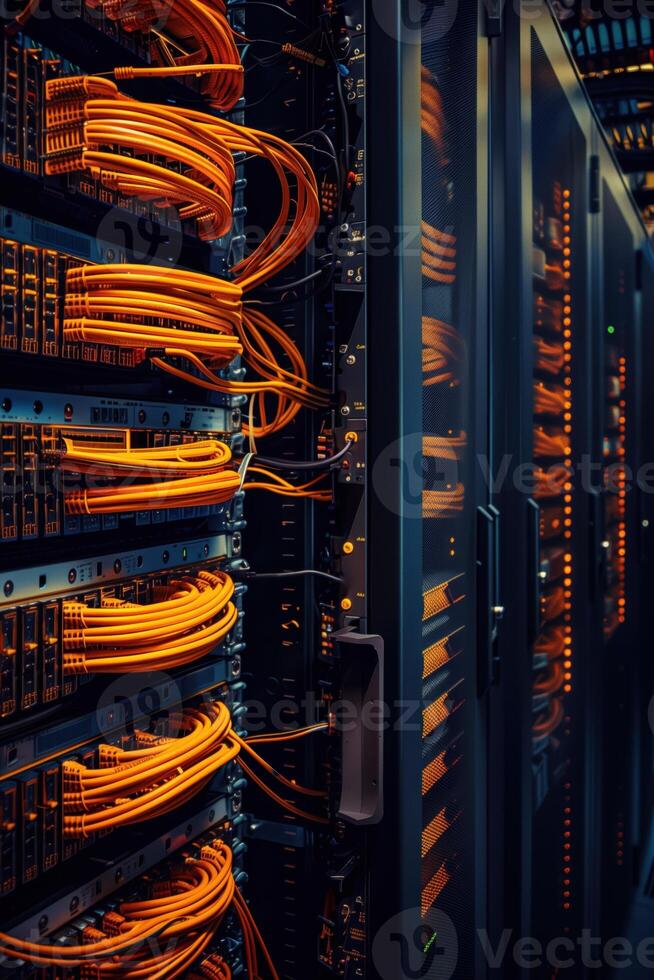 Server racks filled with numerous cables, showcasing a network infrastructure. The vibrant orange cables are neatly organized, highlighting the complexity of data connections in a data center. photo